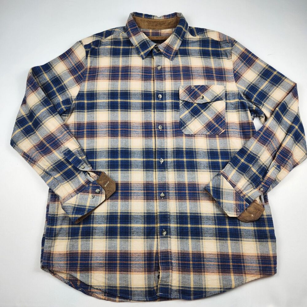 CQR Long Sleeve Flannel Shirt Plaid Mens XL Cordoroy Trim Tan/Blue Cabin Autumn